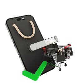 Smartphone with a shopping bag and confirmation tick