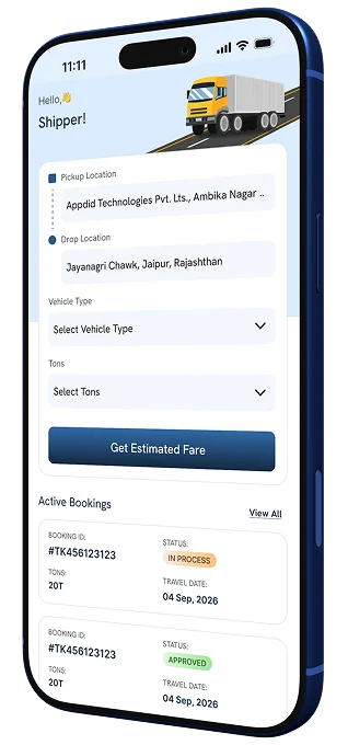 Alpha Logitech app showing pickup, drop location and active bookings