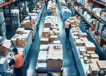 Warehouse aisles with staff managing stock